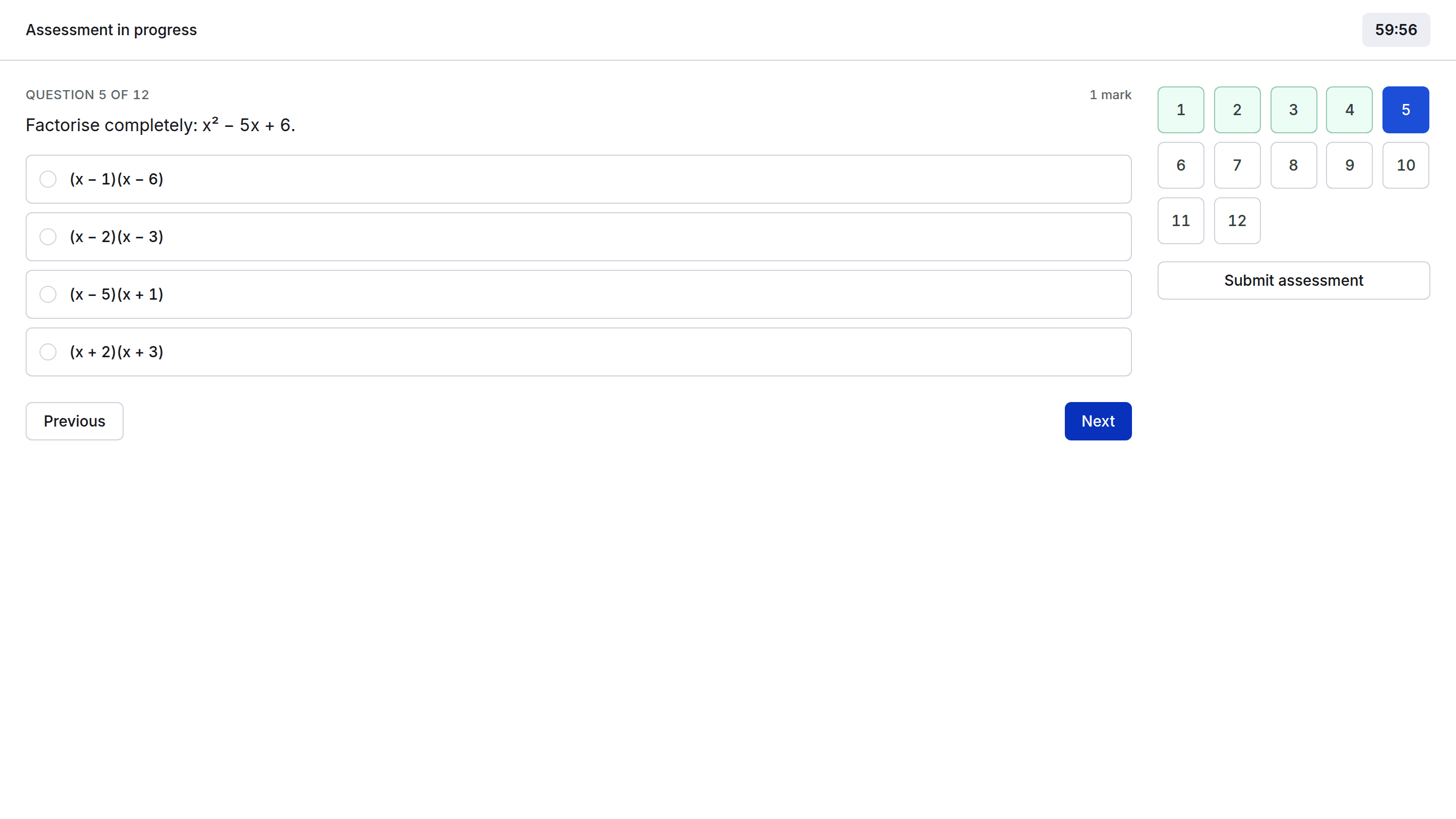 The student exam screen